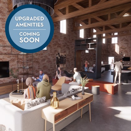 CGI of the clubhouse filled with people at Deep Deuce apartments in  Oklahoma City, OK with a logo that reads "upgraded amenities coming soon"